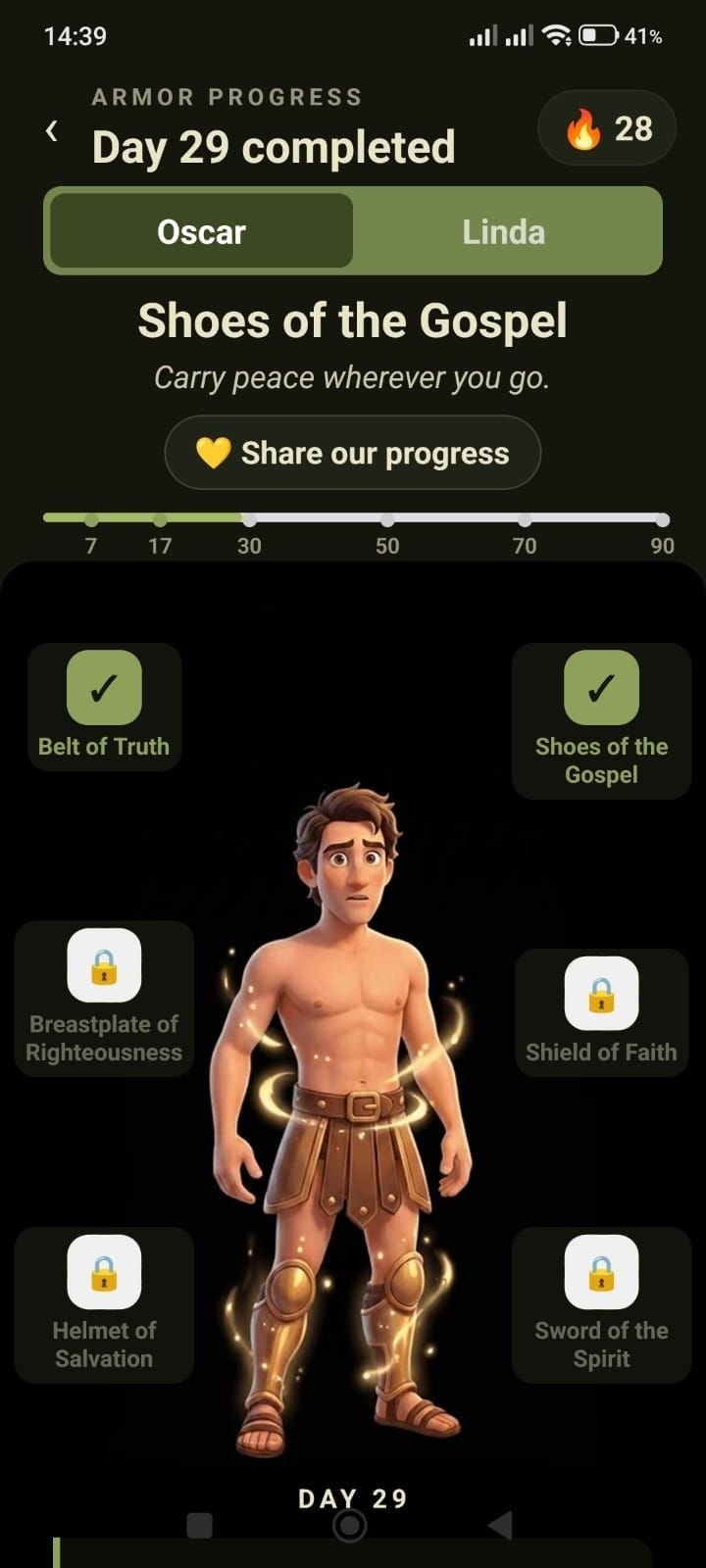 Armor of God progress in 3CORD: day 29 completed, Shoes of the Gospel and the pieces the couple earns along the way.