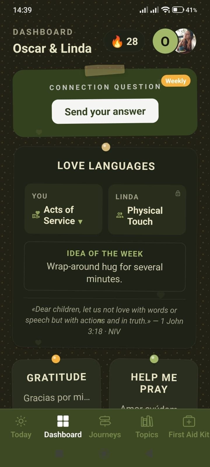 Couple dashboard in 3CORD: weekly connection question, each spouse’s love language and the idea of the week.