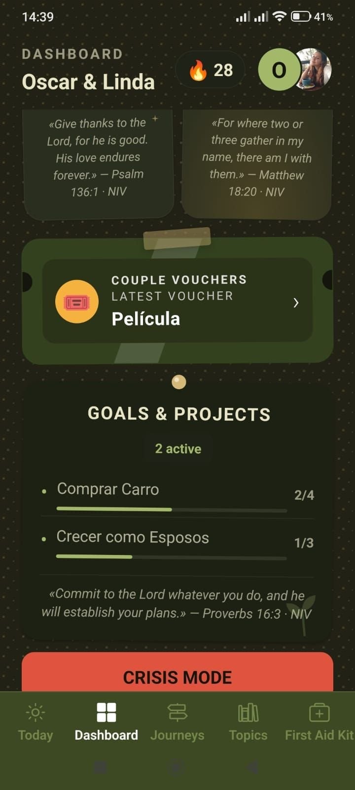 3CORD dashboard with couple vouchers, shared goals and projects, and the Crisis mode button.