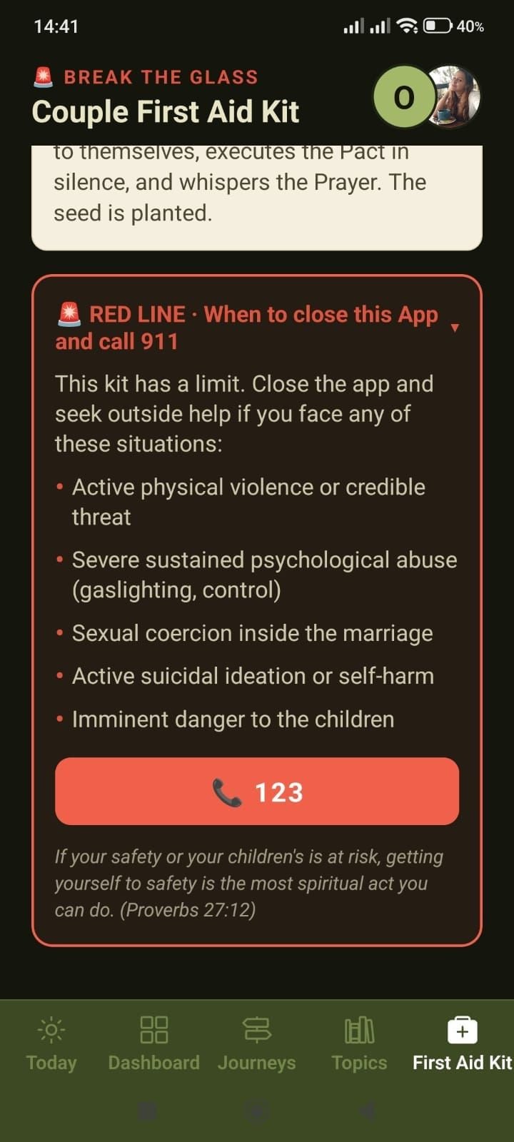 Red Line in the 3CORD First Aid Kit: when to close the app and call emergency services, such as physical violence or danger to children.