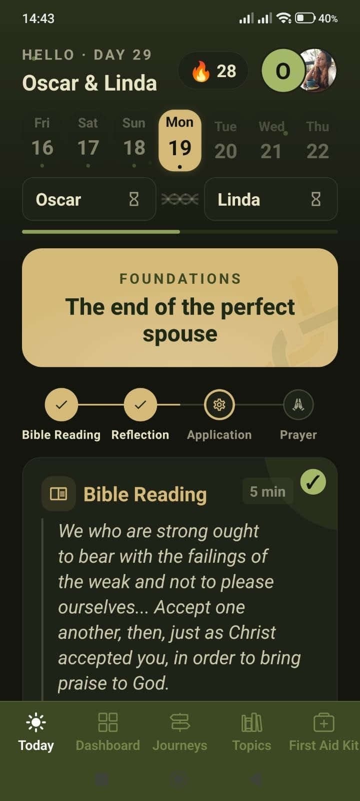 Today screen in the 3CORD app: Oscar and Linda’s daily devotional in the Foundations stage, with progress through Bible reading, reflection, application and prayer.