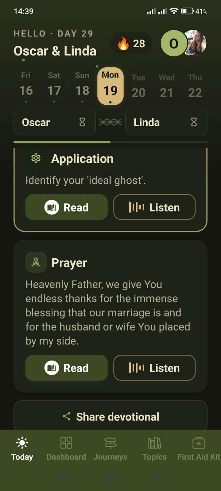 Application and Prayer sections of the 3CORD couple devotional, with Read and Listen audio buttons.