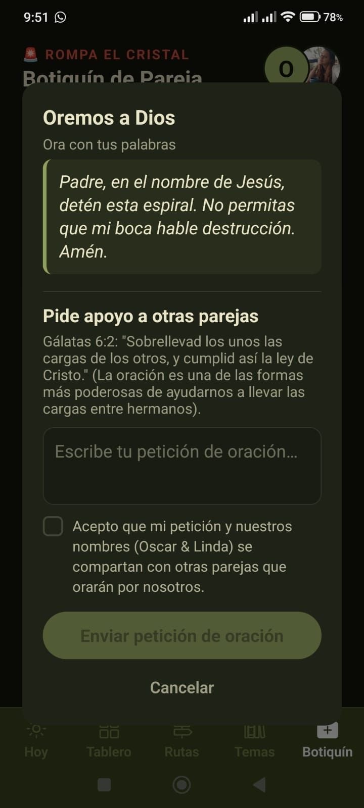 Botón de pánico espiritual de 3CORD: una oración breve y la opción de pedir oración a otras parejas.
