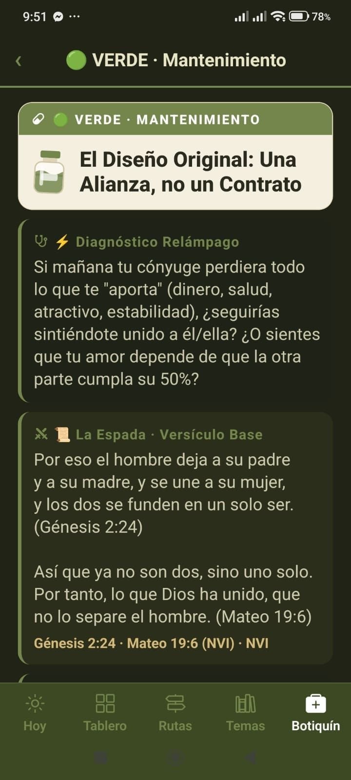 Caso del Botiquín de 3CORD: diagnóstico relámpago y versículo base para una pareja en nivel verde.