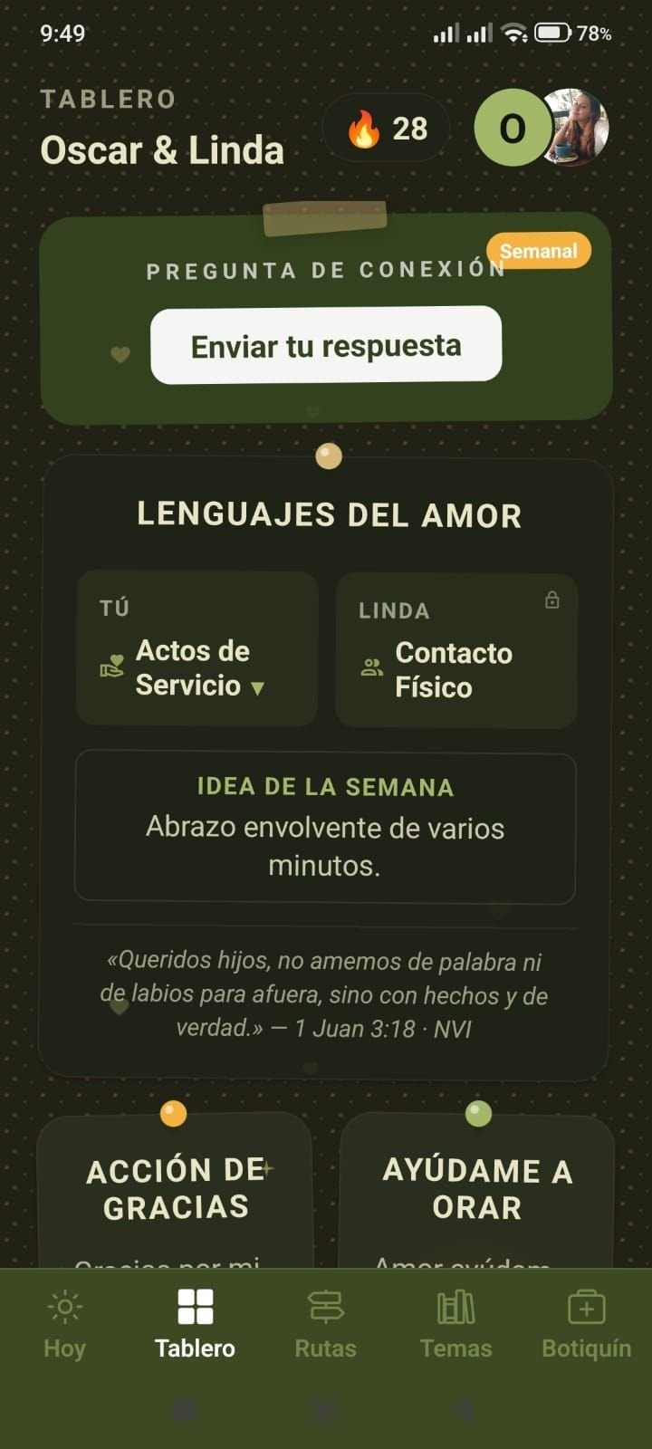 Tablero de pareja en 3CORD: pregunta de conexión semanal, lenguajes del amor de cada uno e idea de la semana.